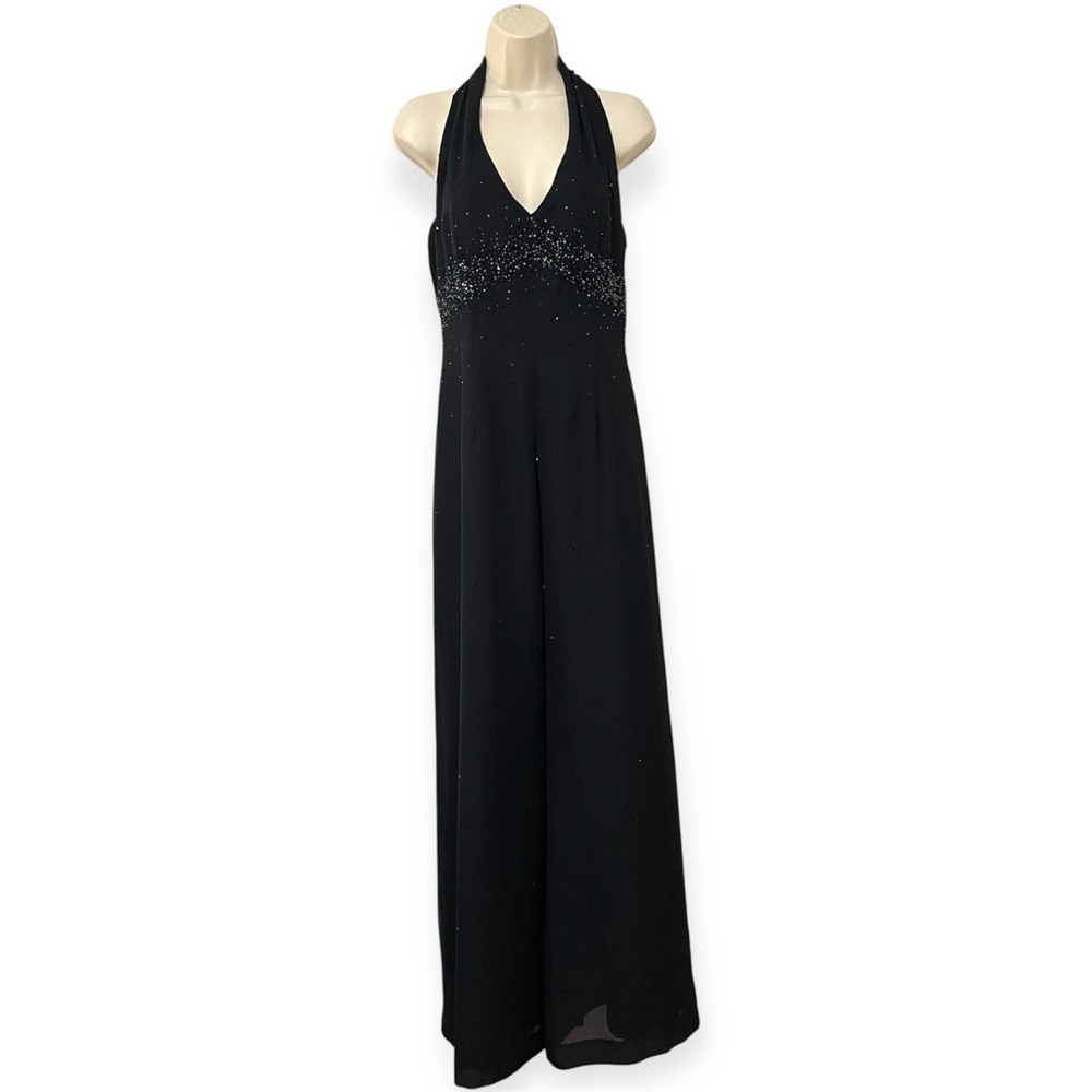 VINTAGE Caché Y2K beaded palazzo pant halter neck jumpsuit black SZ 4 WHIMSIGOTH - Picture 2 of 11
